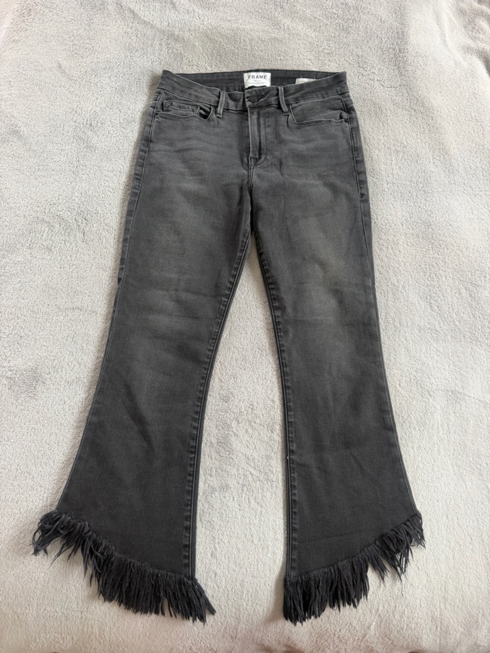 Frame Women Cropped Flared Black Denim Fringed Jeans Size 28